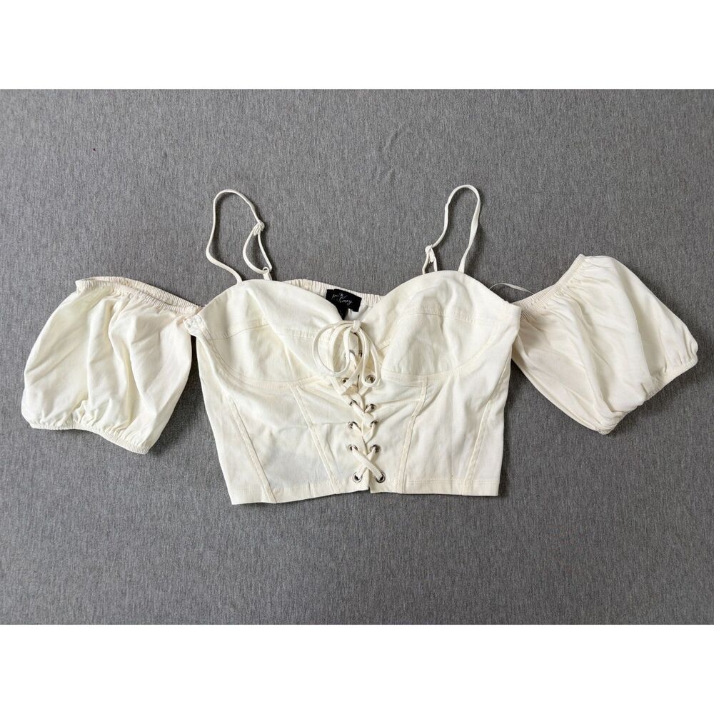 Milk & Honey White Off the Shoulder Lace Up Corset Crop Top Bustier Blouse L Y2K
